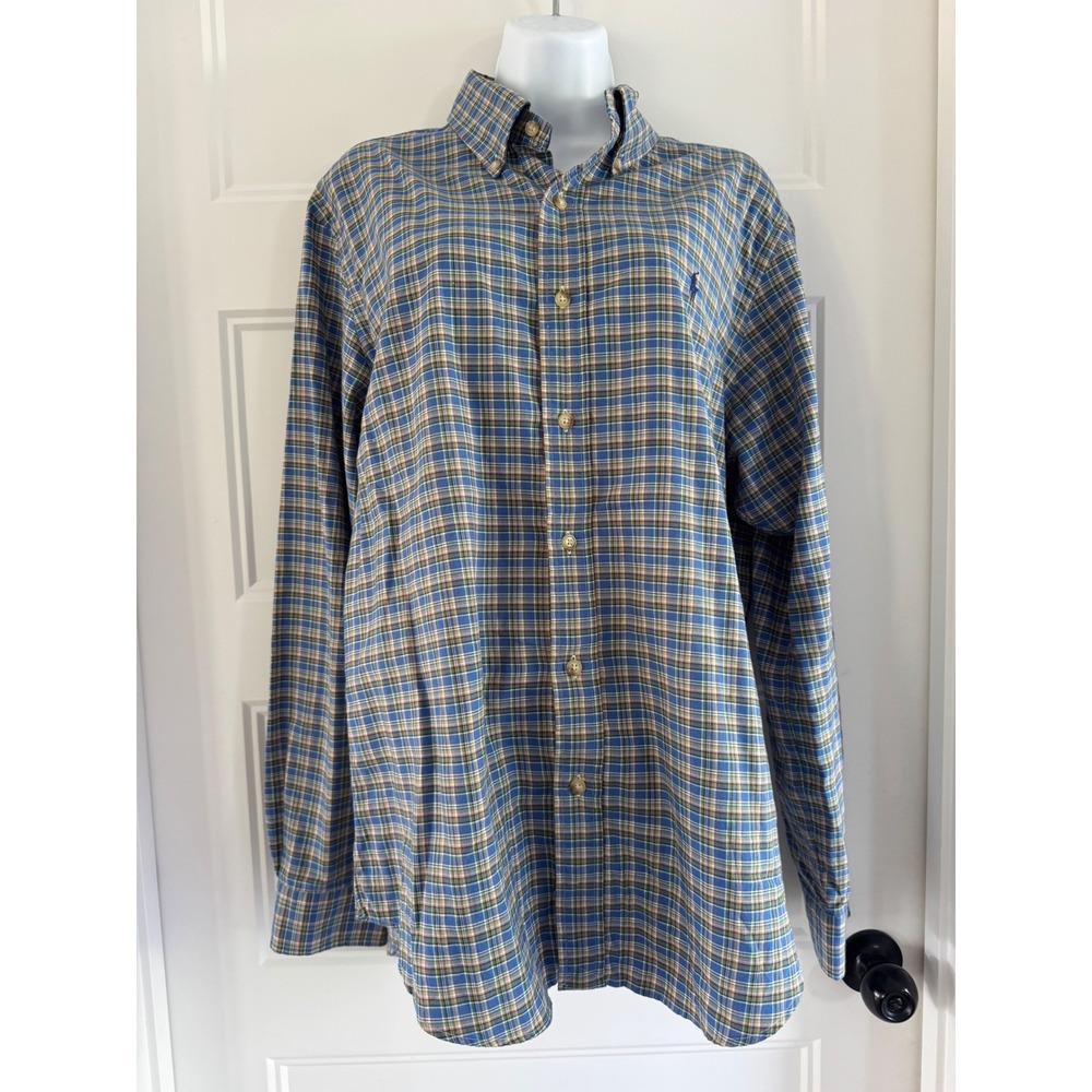 Ralph Lauren Mens Slim Fit Plaid Button Down Shirt Blue Tan Cotton Large
